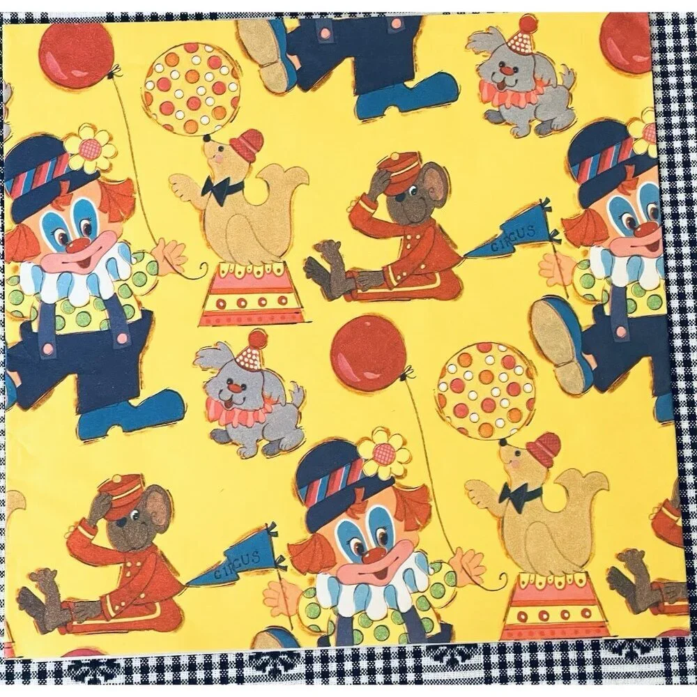 Vintage Gift Wrap Circus Clowns & Animals in Ties Yellow 80s Moose Peacock Paper